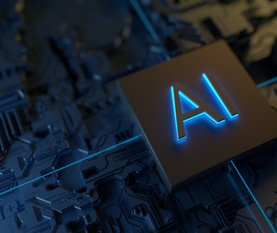 AI glowing chip on a digital circuit board representing artificial intelligence and advanced computing