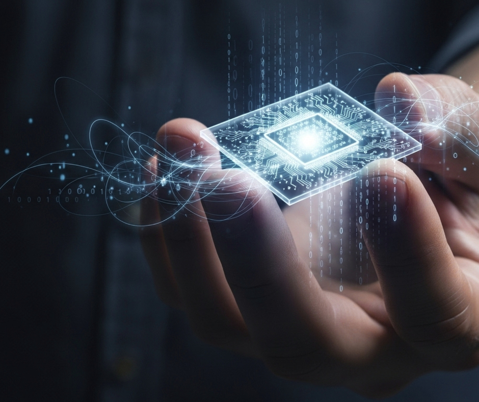 Human hand holding a glowing digital microchip symbolizing advanced semiconductor technology and computing
